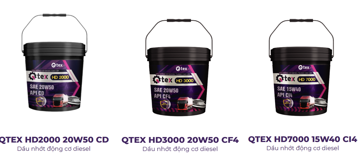 Các sản phẩm dầu nhớt động cơ diesel Qtex HD2000, HD3000 và HD7000 dùng cho tàu thuyền và động cơ tải nặng.