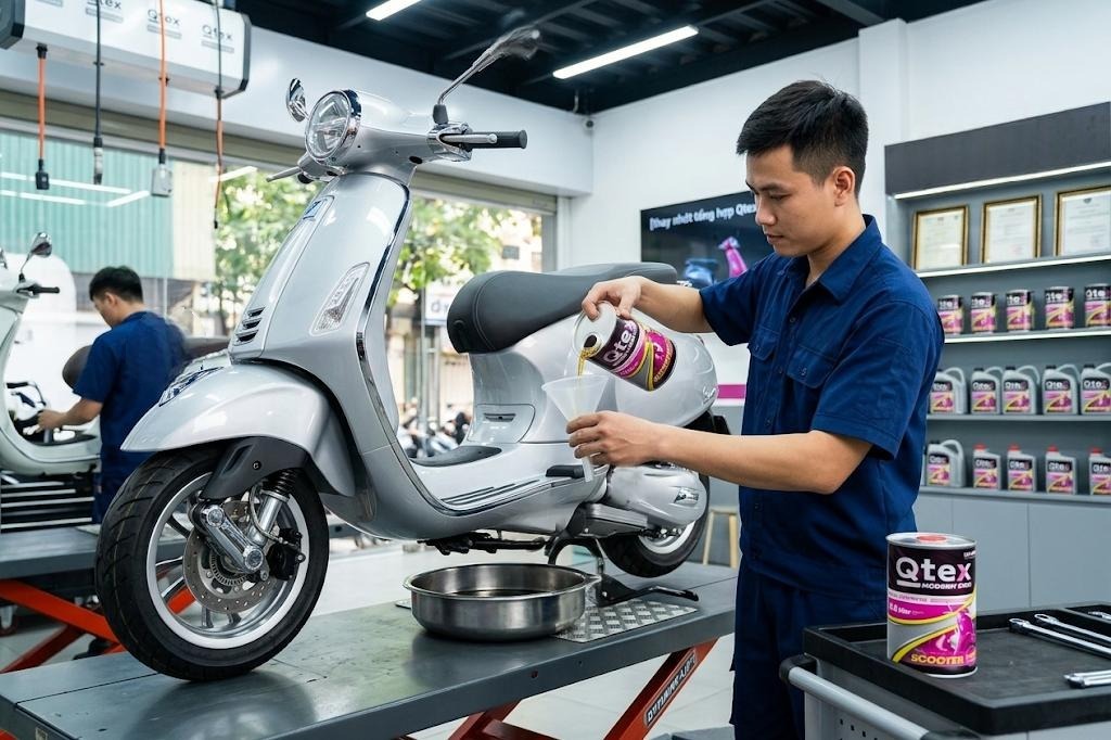 thay nhớt tổng hợp Qtex cho xe ga