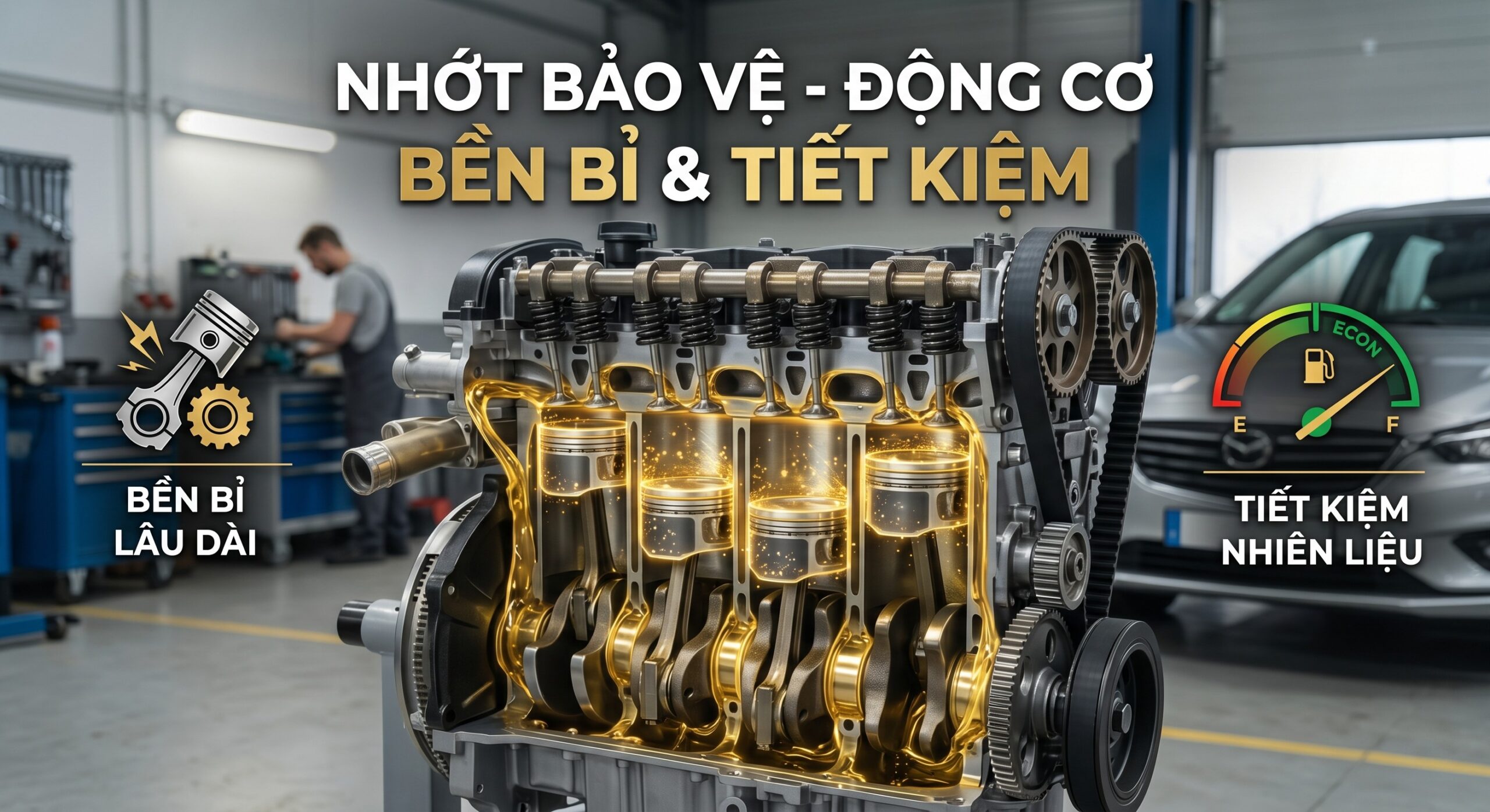 Ảnh này cho thấy sự bảo vệ của nhớt giúp động cơ bền bỉ và tiết kiệm.